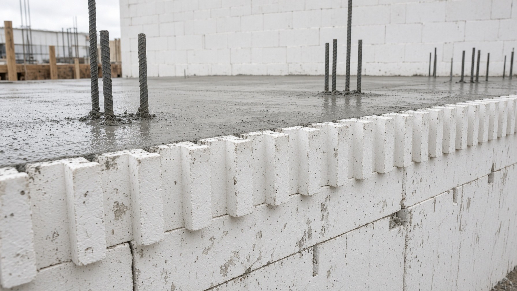 Concrete just poured, flush with the top of the ICF forms