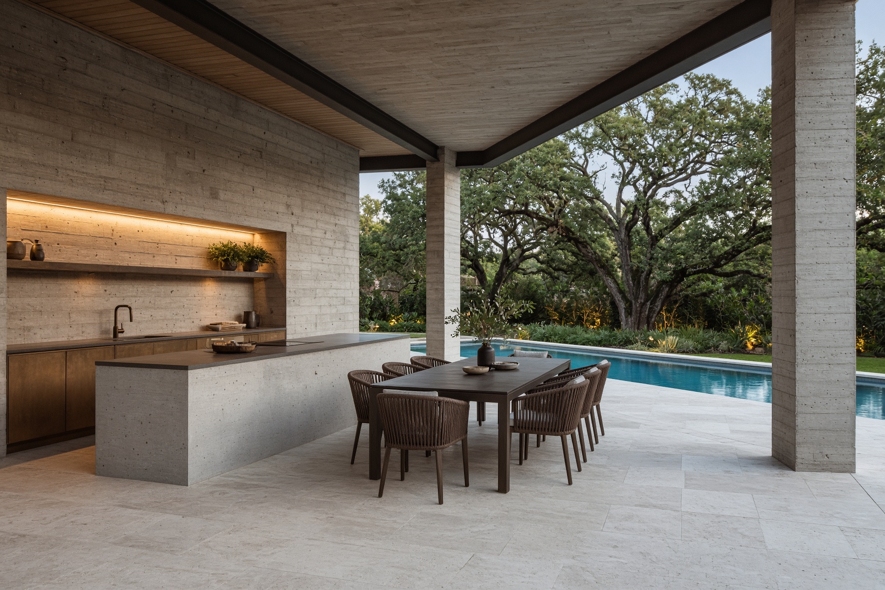 Covered outdoor kitchen and long table